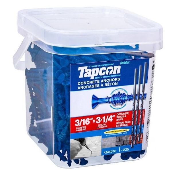 3/16-inch x 3-1/4-inch Climaseal Blue Flat Head T25 Concrete Screw Anchors w/Drill Bit, 225PK